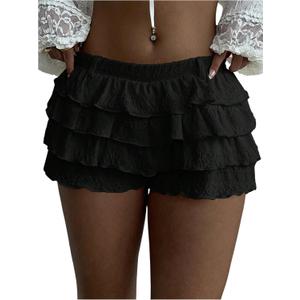 Women's Y2k Ruffle Shorts Frilly Micro Short Texture Puffy Mini Shorts Low Rise Bloomers Party Club Boyshorts (Black)