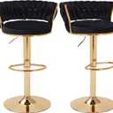VECELO Bar Stools Set of 2, Adjustable Barstools Counter Height Stools with Back and Arm, Velvet Woven Kitchen Island Stools w/Gold Metal Leg & Base, 360 Swivel Bar Chair for Pubs Dining Room, Black