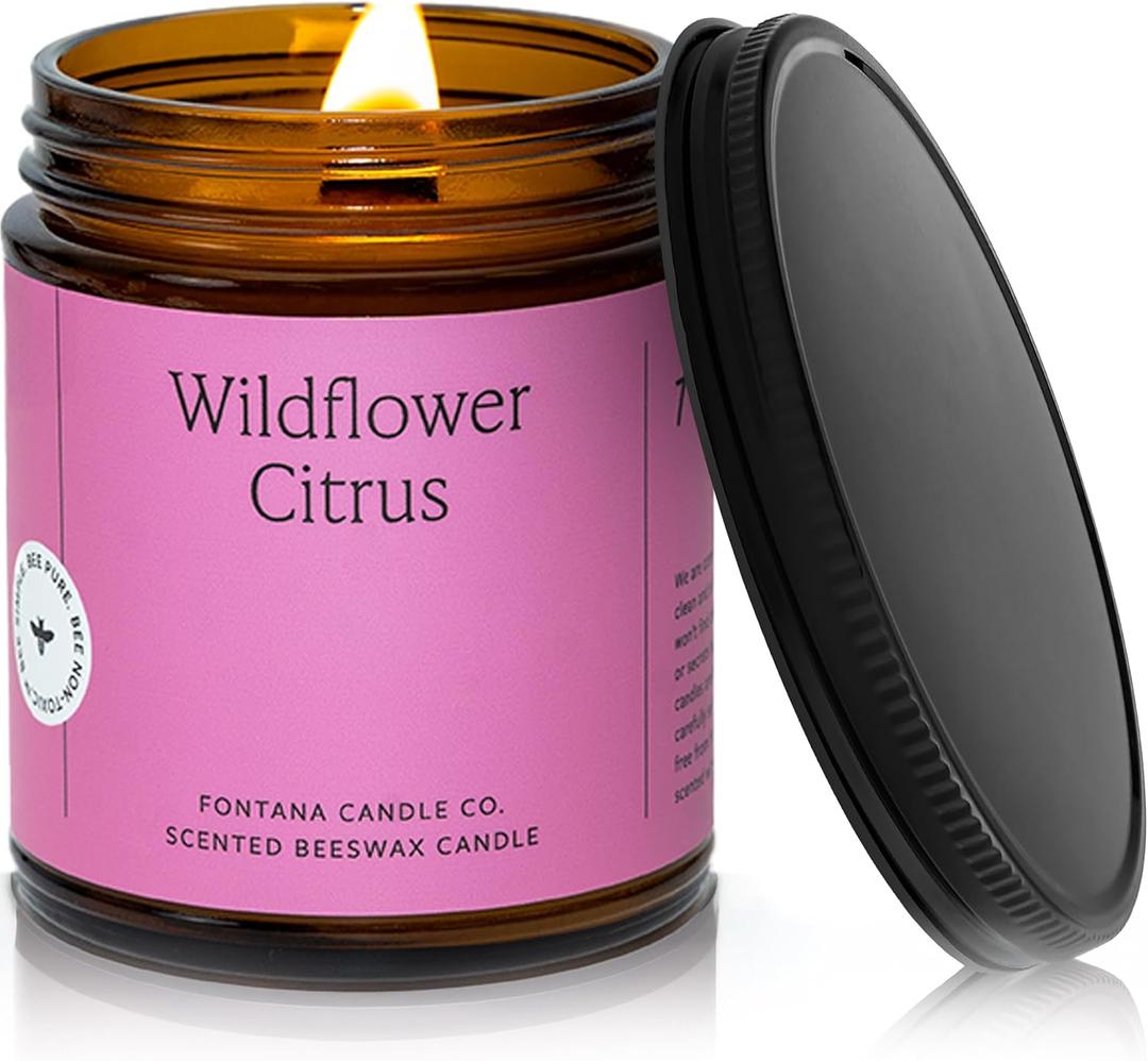 Fontana Candle Co Wood Wick Beeswax Jar Candle, Wildflower Citrus Made Safe with Coconut Oil & Pure Essential Oils 35+ Hrs Clean Burn, Long Lasting and Non-Toxic Candles for Home & Room Decor