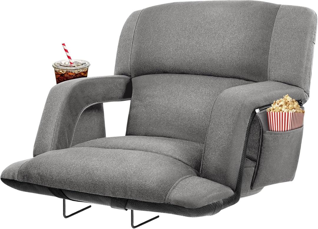 Extra Wide Bleacher Chairs with Back and Cushion Folding Stadium Chairs, Sofa Style Design 6 Reclining Positions Waterproof Bleacher Seats (1, Grey, Wide-26in)