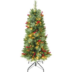 4ft Prelit Artificial Small Christmas Tree with Warm White Multi-Color LED Lights, Timer Battery Operated, Stand Red Berries & Pine Cone Slim Pencil Decoration for Indoor/Outdoor