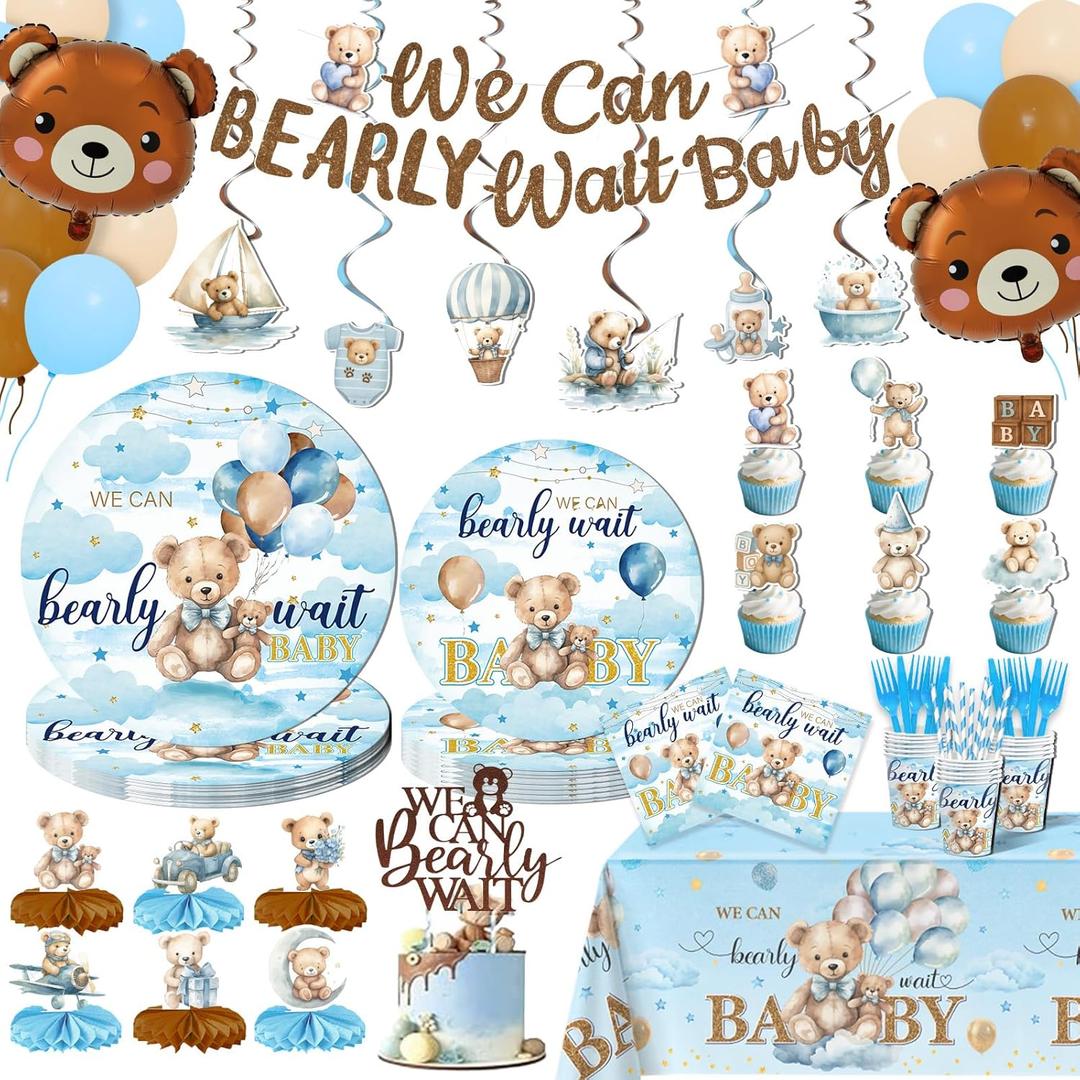 We Can Bearly Wait Baby Shower Decorations Boy, 200Pcs Teddy Bear Baby Shower Balloons Banner Plates Napkins Cake Toppers Tablecloth Honeycomb Balls for Bear Themed Party Decorations Severs 24