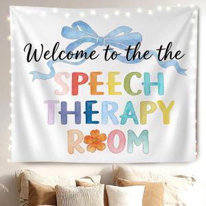 MKYFHSVGD Boho Speech Therapy Room Welcome Tapestry Wall Hanging, Coquette Blue Bow Speech Therapist Mental Health Wall Tapestry for Therapy Office Classroom Decorations, 50x60 Inch