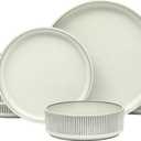 Gibson Elite 8 Piece (Service for 4) Townscape Plates and Bowls Reactive Glaze Embossed Round Dishes Terracotta Ceramic Dinnerware Set - Cream White