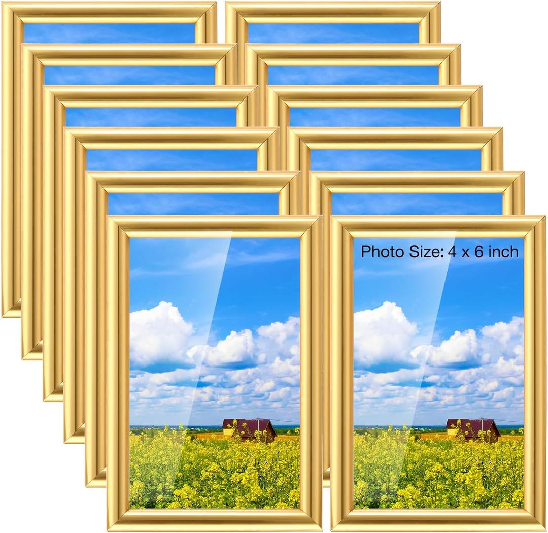 Kathfly 4 x 6 Gold Picture Frames Sets of 12 Modern Simple Designed Photo Frame Bulk with Resin for Pictures Wall Mount Tabletop Display Home Office Hotel Decoration
