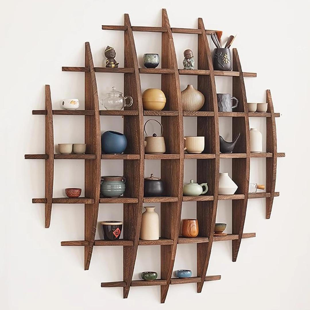 Solid Wood Chinese Tea Cup Holder, Wall Mounted Teapot Display Stand, Wall Decoration Teaware Shelf Storage Rack for Living Room Kitchen Office Commercial (Dark Walnut Color, 39x39'')
