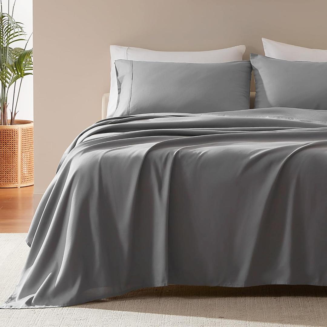 SLEEP ZONE Nanotex Super Soft Cooling Queen Bed Sheets Set 4 Piece - Easy Care Fitted Flat Sheet & Pillowcase Sets - Wrinkle Free, Fade Resistant, Deep Pocket 16" (Gull Gray, Queen)