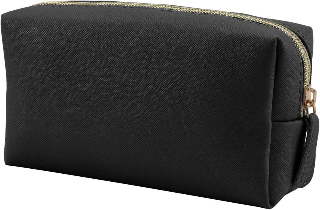 Leather Makeup Bag for Purse Travel, Portable Small Cosmetic Organizer for Women and Girls, Make up Bag with Zipper (Medium, Black)