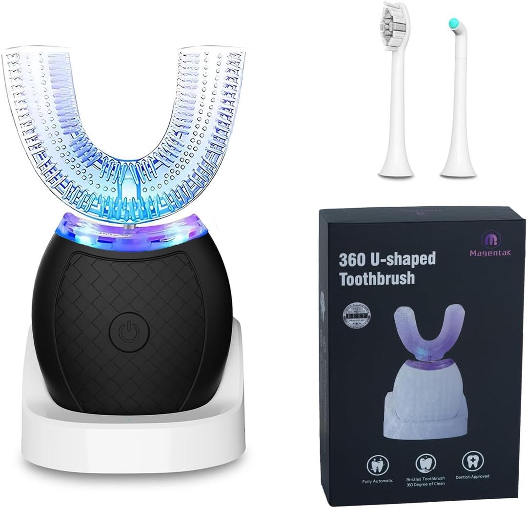 Ultrasonic U-Shaped Toothbrush for Teeth Whitening, Electric Toothbrush for Adults 360-degree Cleaning,3 Brush Heads, Wireless Charging and IPX7 Waterproof Kit for Travel or Home(Black)