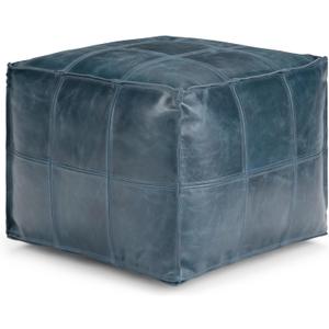 SIMPLIHOME Manning Boho Square Pouf in Teal Genuine Leather for the Living Room, Bedroom and Kids Room