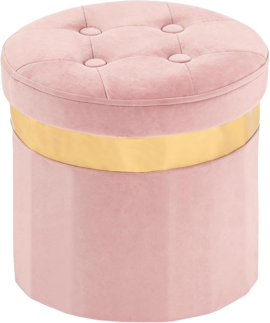 xuperbonus Small Ottoman with Storage,Folding Round Ottoman with Gold Trim,Velvet Storage Stool,Foot Stool with Soft Padded,Foot Rest for Living Room13x13x12.4 (Pink, 1pcs)