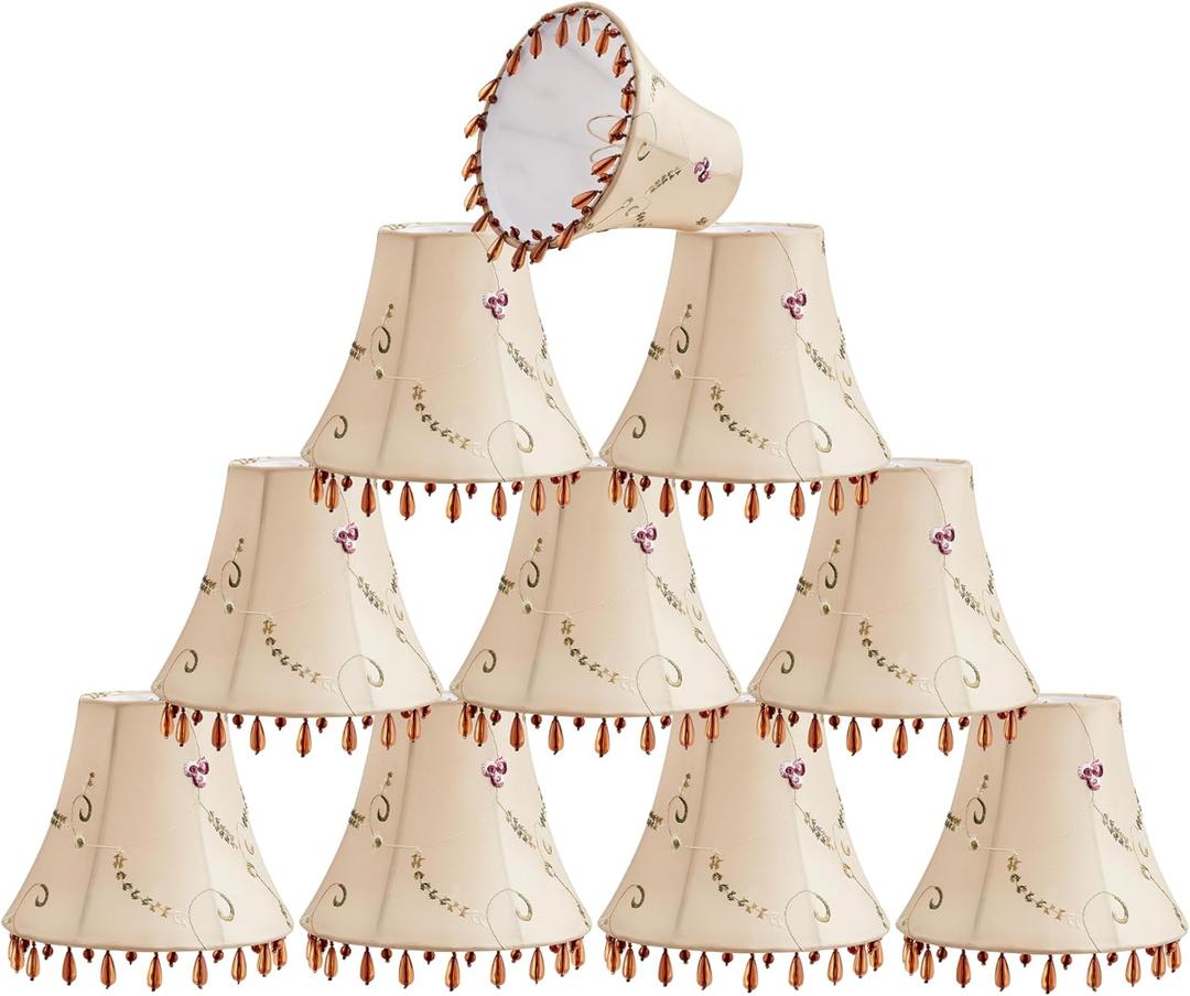 Aspen Creative 50004-9, Beaded Bell Clip-On Lamp Shade, Gold Faux Silk Fabric with Floral Embroidered Design, 3" Top x 6" Bottom x 5" Slant, Set of 9