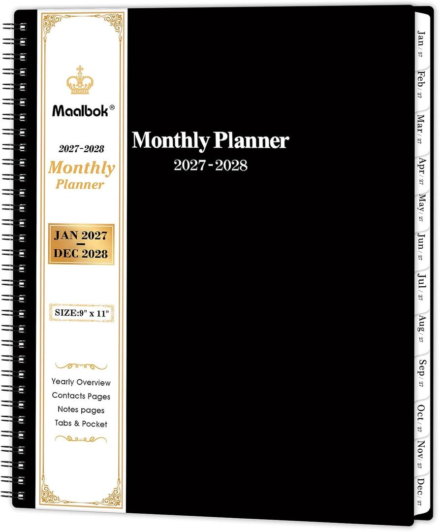 2027-2028 Monthly Planner/Calendar - January 2027 - December 2028, Monthly Calendar 2027-2028, 9" x 11", 2 Years Planner, Spiral Bound, Cardboard Cover, Black