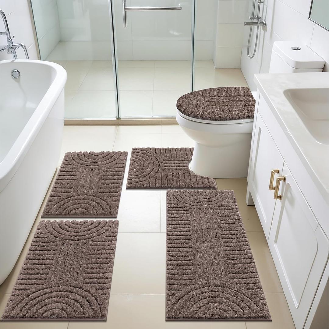 SHACOS Bathroom Rugs Sets 5 Piece Ultra Soft Absorbent Microfiber Bath Mat with Bath Runner, U Shape Contour Rug, Toilet Lid Cover, Non Slip Machine Washable Carpet for Bathroom, Bedroom, Coffee (18"x26"+20"x32"+20"x48"+U 20"x24"+Cover 19"x21")