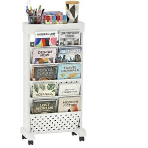 6-Tier Mobile Bookshelf, Rolling Bookcase Book Storage Rack, Movable File Folder Organizer Cart with Wheels for Home Study Office Living Room Classroom, White