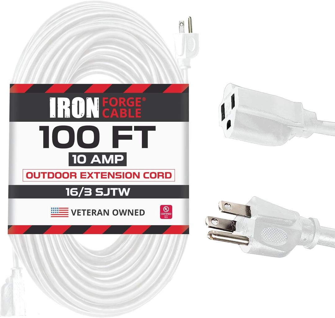Iron Forge Cable Weatherproof 100 Ft Outdoor Extension Cord - 16/3 SJTW Heavy Duty White Extension Cord 3 Prong - 13 Amp Exterior Power Cable