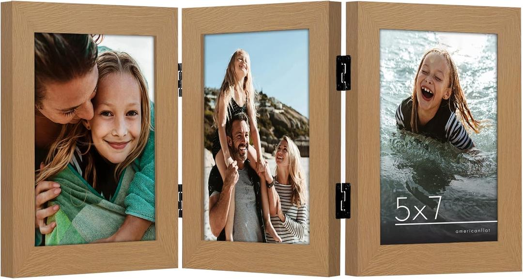 Americanflat Hinged 3 Picture Frame 5x7 with Shatter-Resistant Glass - Signature Collection - Foldable Picture Frame for Tabletop Display - Dark Oak