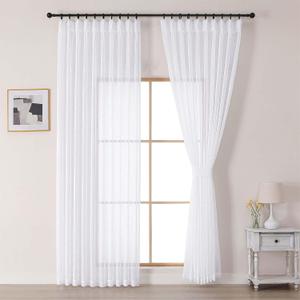 OVZME White Crushed Voile Extro Wide Sheer Curtains 84 Inches Long 2 Pieces, Textured Light Filtering Sheer Window Drapes, Farmhouse Pinch Pleated Curtains for Sliding Glass Door, 2x60Wx84L Inches