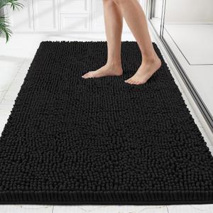 Bathroom Rugs Mat 72 x 36, Thick Soft Absorbent Chenille Bath Rugs, Rubber Backing Bath Mats for Bathroom Floor, Tub, Shower, Bedroom, Home Decor Accessories, Quick Dry Machine Washable, Black