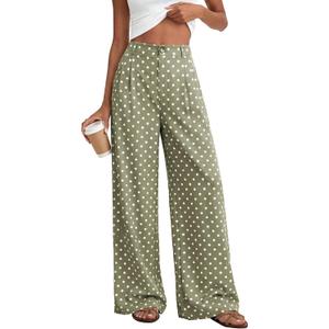 KIRUNDO Wide Leg Pants for Women 2026 Summer Flowy Polka Dot Trousers | Lightweight Dressy Palazzo Work Pant, Elastic High Waisted Pleated Slacks With Pockets, Business Casual Fall Vacation Outfits (Green, M)