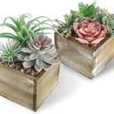 Der Rose 2 Pack Fake Plants Succulents Plants Artificial Plants in Wood Pots with Pink Flowers for Farmhouse Bathroom Decor