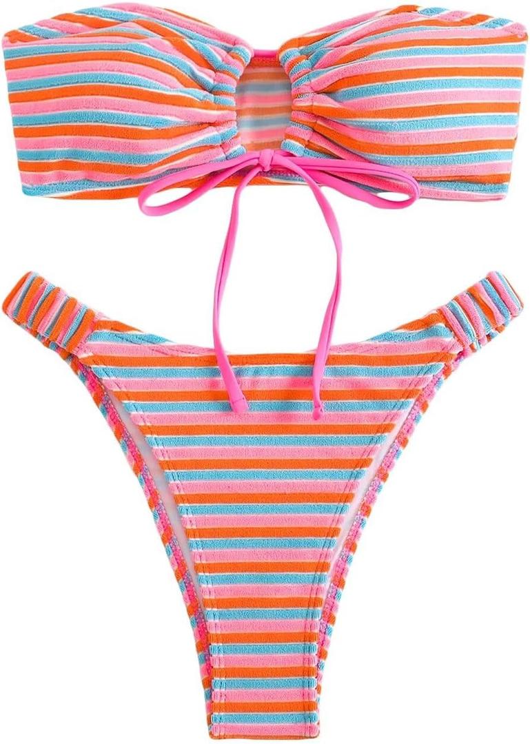 Women's Striped Printed Bandeau Bathing Suit High Waisted Swimsuit Bikini Set (Pink) S