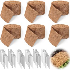 Tinideya 6 Pcs Natural Mulch Roll for Landscaping 118'' x 4.5'' Per Roll Coconut Fiber Mulch Mat with 60 U-Shaped Steel Stakes Cuttable Coconut Liner for Garden Edgings Wrap Trunk Planter Pet Pad