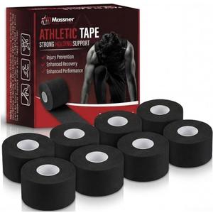 Massner Athletic Tape Black 1.5" x 45ft Per Roll (360ft Total) Pack of 8 – Strong Sports Tape for Wrists, Ankles & Hands – Latex-Free Gym Tape for Training, Football, Running & Weightlifting Recovery