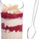 Qeirudu 50 Pack Mini Slanted Dessert Cups with Spoons - 2.2 oz Plastic Parfait Cups Reusable Shooter Glasses Small Serving Cups for Tasting Party Desserts Appetizer