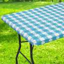 Rectangle Vinyl Table Cloth, Waterproof Elastic Fitted Tablecloth with Flannel Backing, Plastic Table Cover for Picnic, Camping, Outdoor (White & Aqua, 30"x72")