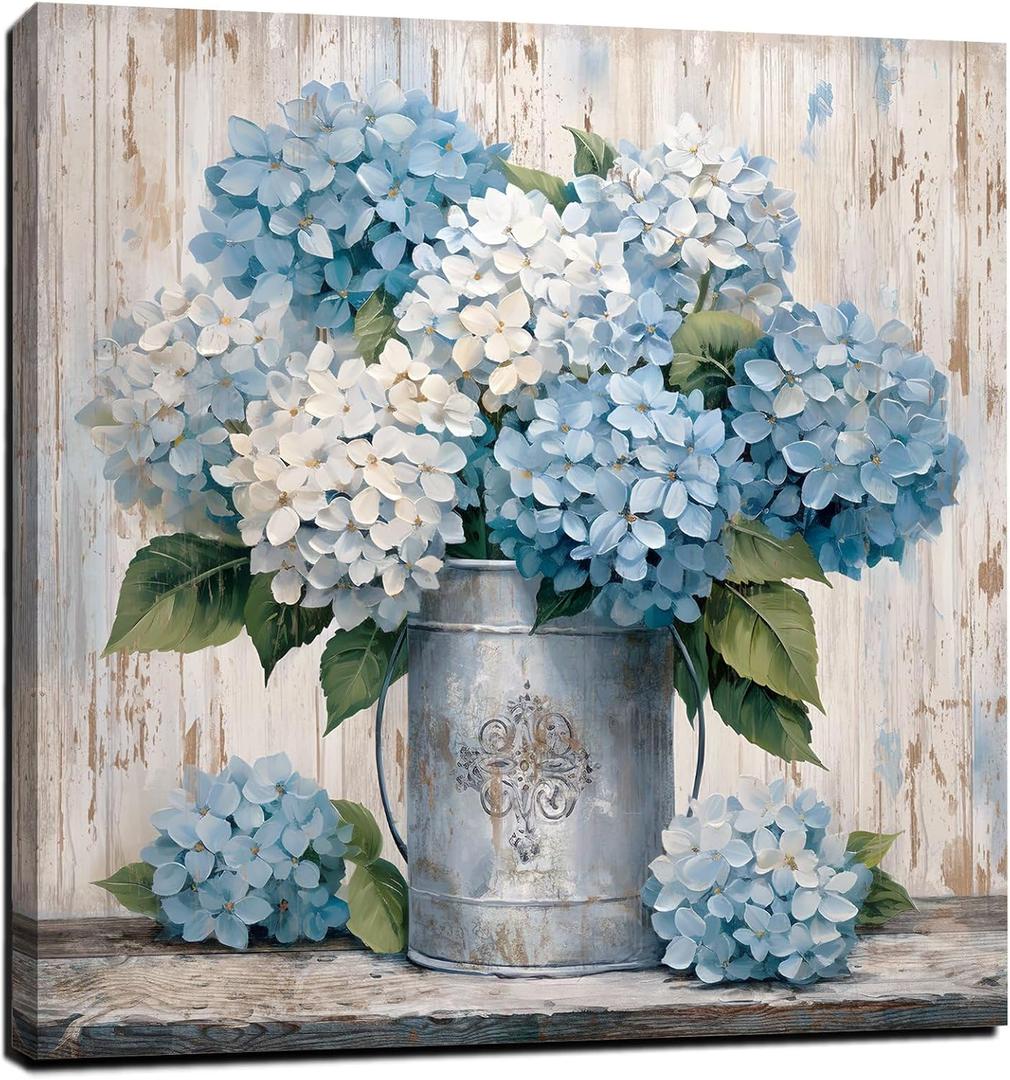 LAIART Blue Hydrangea Wall Art Farmhouse Wall Decor Flower Canvas Print Artwork for Bathroom Bedroom Living Room Dining Room