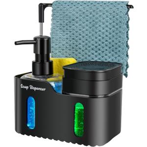 Hand Soap and Dish Soap Dispenser Set for Kitchen, Dual Soap Dispenser with Sponge Holder and Dishcloth Holder 4-in-1 Organizer for Kitchen Sink Countertop, Useful Kitchen Gadgets (Black)