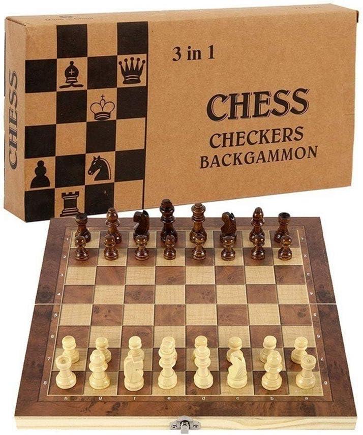 Chess Set,Folding Storage Wooden Chess Board Sets,15" Wooden Chess,3 in 1 Chess Board Game for Adults and Kids (Chess, Backgammon, Checkers)