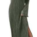 LuFeng Women's Pleated Long Sleeve Loose Ruched Dress Pleated Crew Neck Split Hem Cocktail Party Maxi Dress, Large