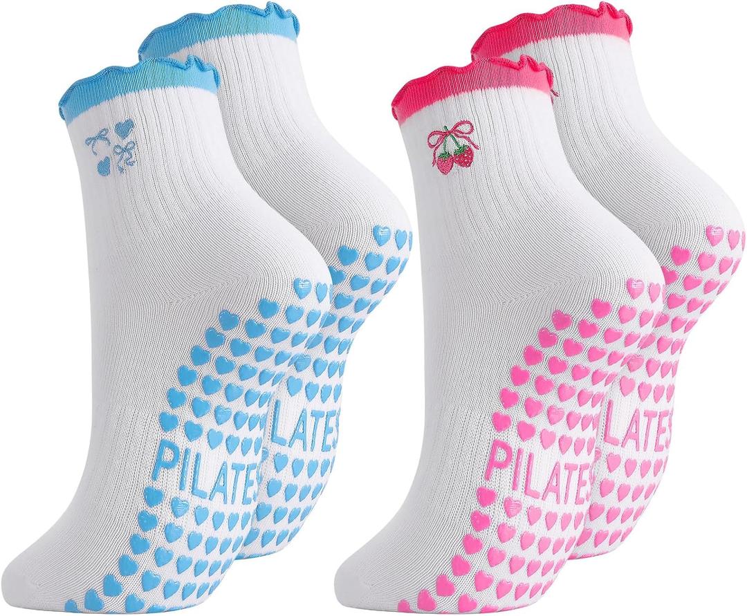 Jspupifip 2/4/5 Pairs Womens Embroidery Non Slip Pilates Yoga Socks | Cute Grippy Crew Socks Offered Fit Barre Workout Hospital Indoor Barefoot Daily Activities For Ladies