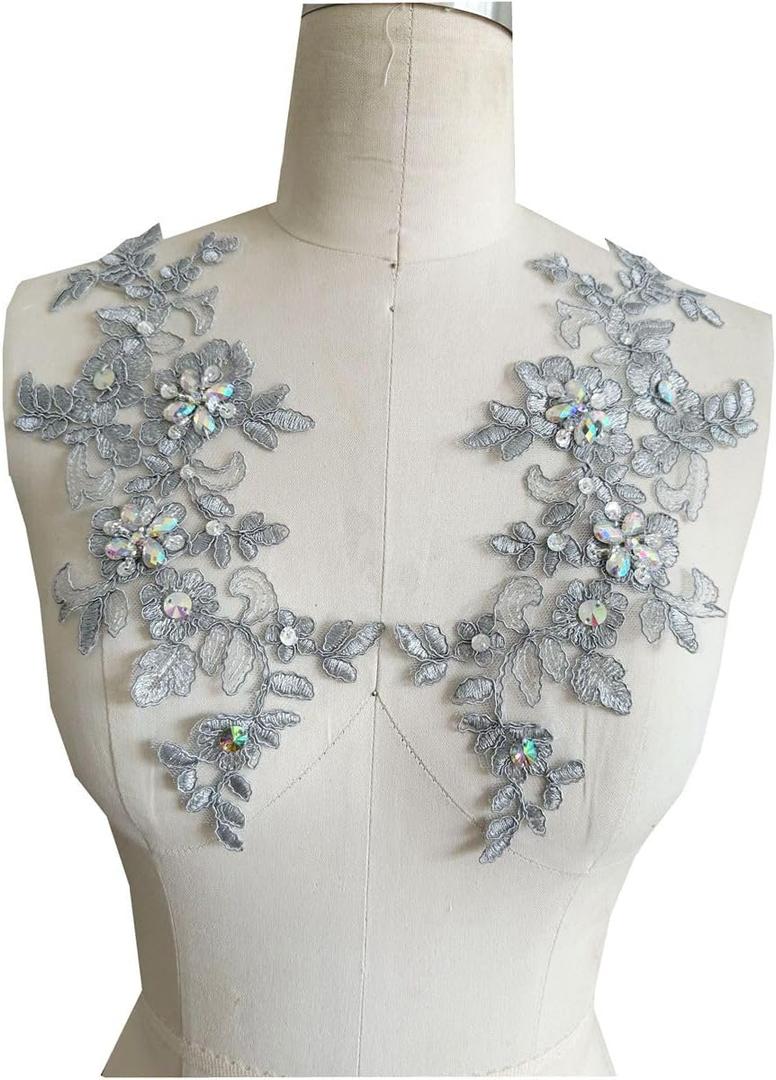 Handmade Appliques 1 Pair of Embroidery Sequin Lace Applique Sewing Flower Fabric Collar Patch Motif Wedding Gown Dress Bridal DIY Crafts (Gray)