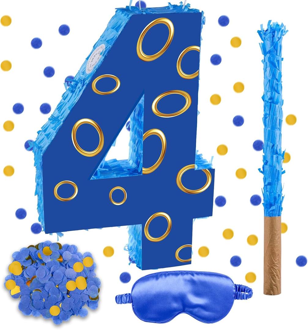 16 Inch Number 4 Double Sided Printing Blue Gold Ring Pinata with 16 Inch Piñata Stick Blindfold Confetti for Boy Girl Kids 4th Birthday Party Decorations (4th)