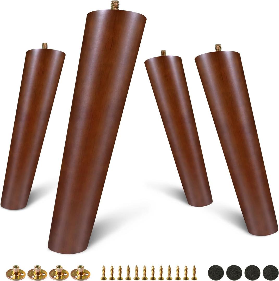 FoDau770 Brown Rubber Wood Furniture Legs 10 Inches, Slant Tapered Wood Feet Mid Century Sofa Legs Set of 4, 5/16" UNC Furniture Feet Replacement Parts for Cabinet Couch Dresser Chair Ottoman Table