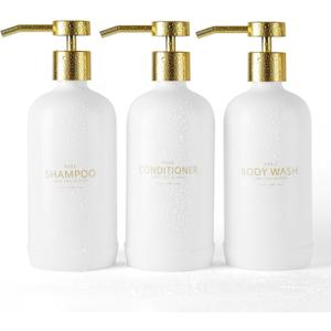Shampoo and Conditioner Dispenser Set of 3,Refillable 21oz Shampoo Bottles with Non-Slip Protective Silicone Pad,Shower Soap Dispenser with Waterproof Labels for Bathroom (White)