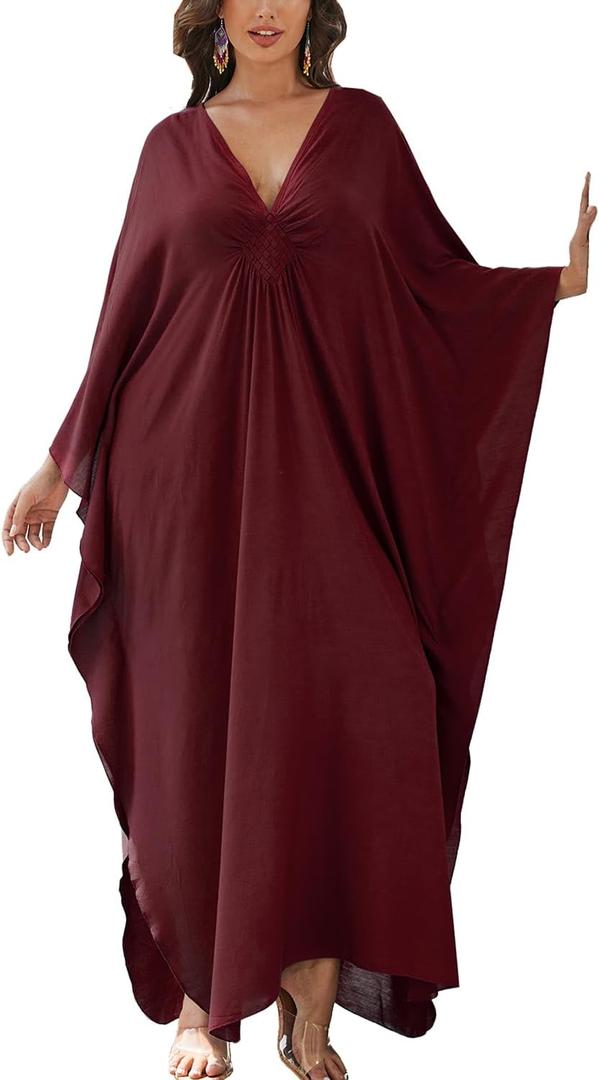 Women's Solid Color Bohemian Kaftan Dress Beach Cover Ups Plus Size Bathrobes One Size