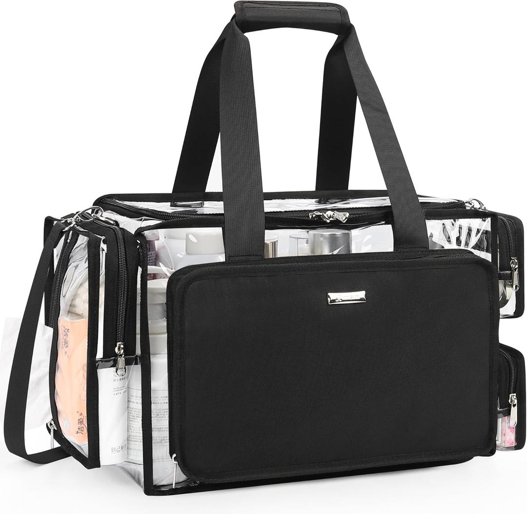 Relavel Clear Makeup Bag Extra Large Makeup Artist Kit Set, Cosmetic Storage Organizer Hair Stylist Traveling Bag, Transparent Tote Duffle Beach Toiletry Bag with Adjustable Dividers & Shoulder Strap