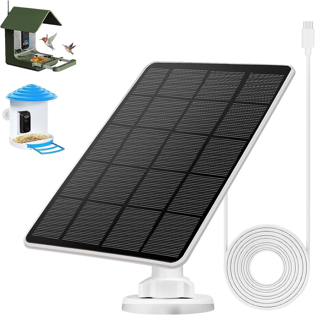 Solar Panel for Bird Feeder, Continuously 3W Power Supply for Your Bird Feeder Camera, Type-C Plug, White
