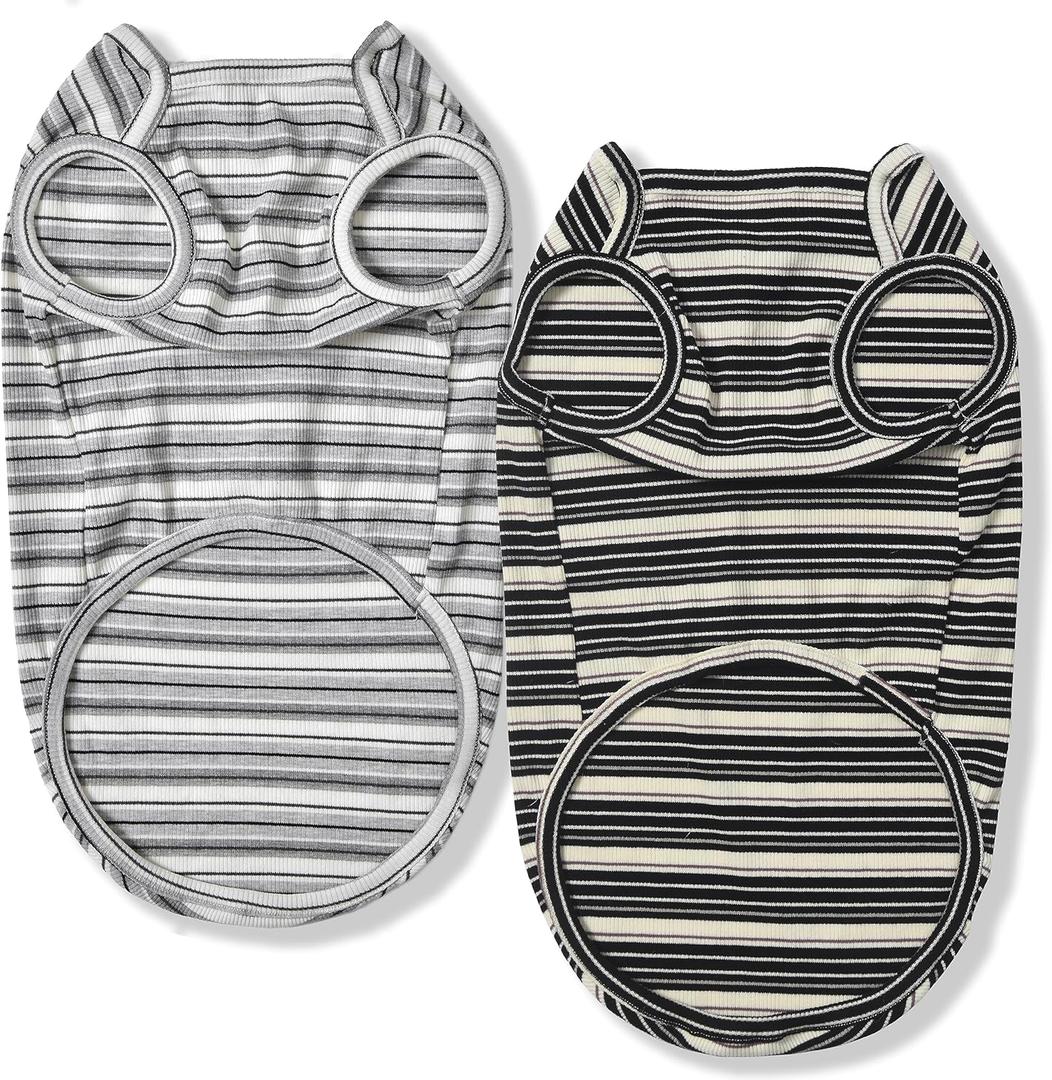Dog Shirts Vest Cotton Striped T-Shirt, Sleeveless Stretchy Pet Clothes for Small Dogs, Pack of 2 Soft Breathable Puppy Tank Top Cat Tee (Large, Black, Gray)