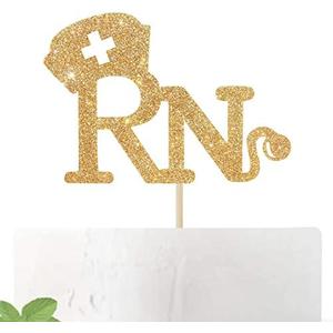 RN Cake Topper, Congrats Grad Nurse Cake Decor, 2025 Nursing School Graduation Party Decorations Supplies,Gold Glitter, Set Of 3