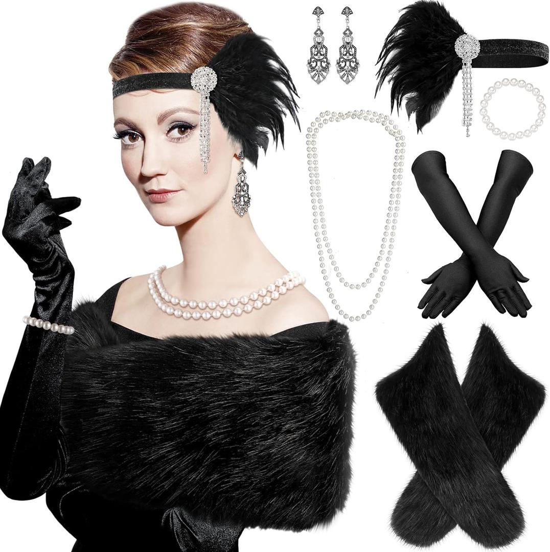 Zhanmai 20s Flapper Accessories for Women 1920s Costume Set Halloween Fur Faux Scarf Headpiece Necklace Earrings Gloves (Black)