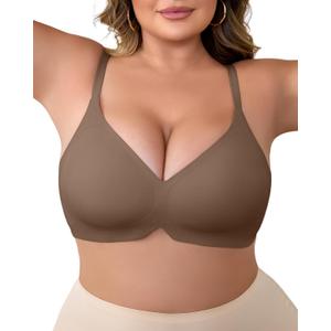 Plus Size V-Neck Wireless Bras for Women Seamless Everyday Bras U-Back Design W-Shaped Jelly Support Barlette 1XL Dark Brown (Dark Brown, XL)