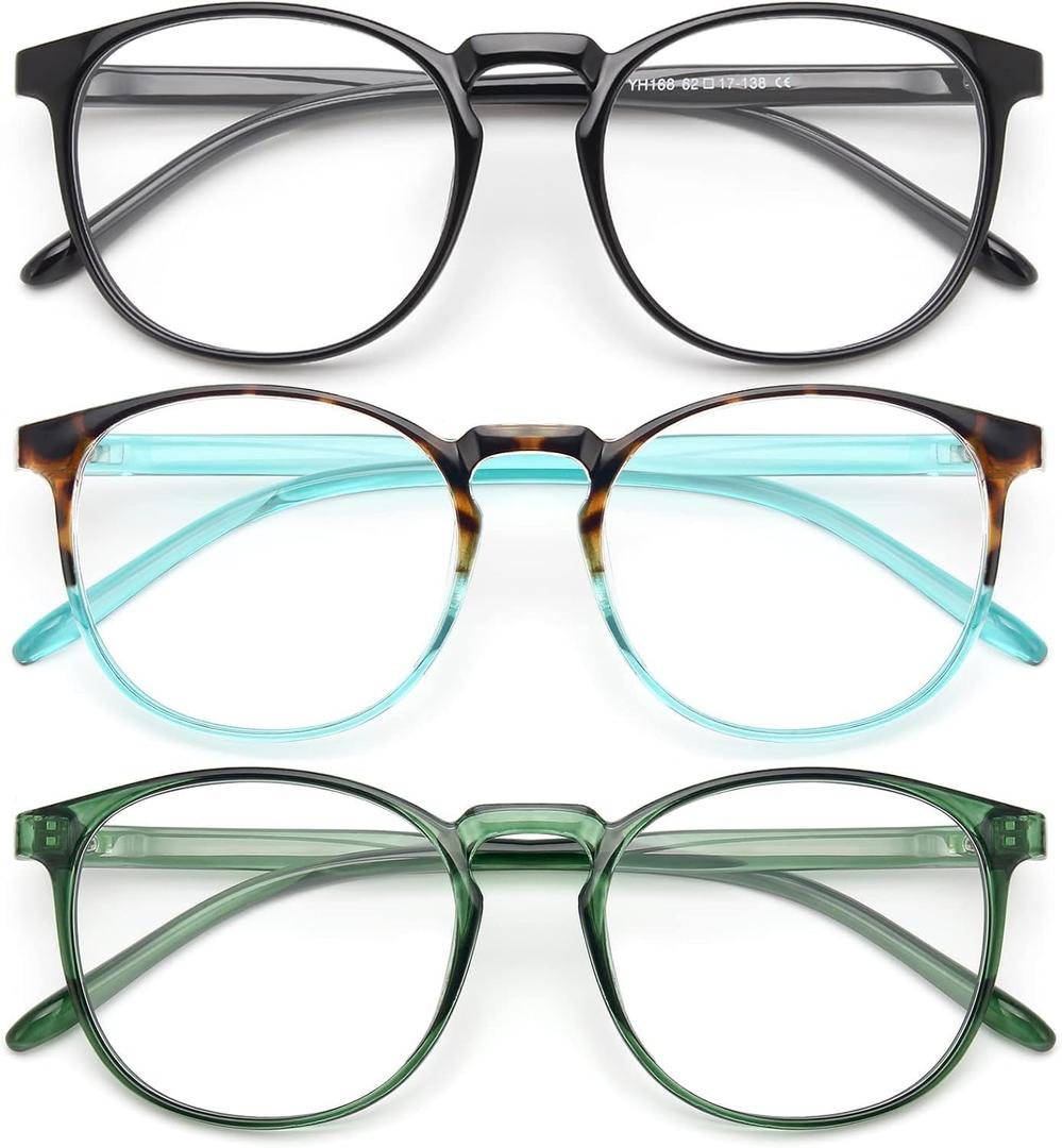 IBOANN Chic & Comfy Blue Light Glasses for Women - 3-Pack Round Frames, Screen-Ready Style with UV Protection Coating (C8 Light Black & Iris Blue Tortoise &Ivy Green)