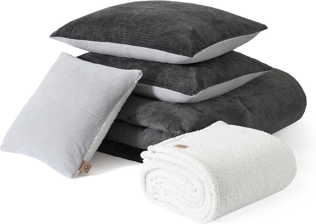 UGG Remina Comforter Set 5 Piece Bed in a Bag with Throw Blanket, Decorative Pillow, Shams, and Reversible Comforter Hypoallergenic Washable Luxury Plush Warm Fluffy Bedding Set, King, Charcoal Grey