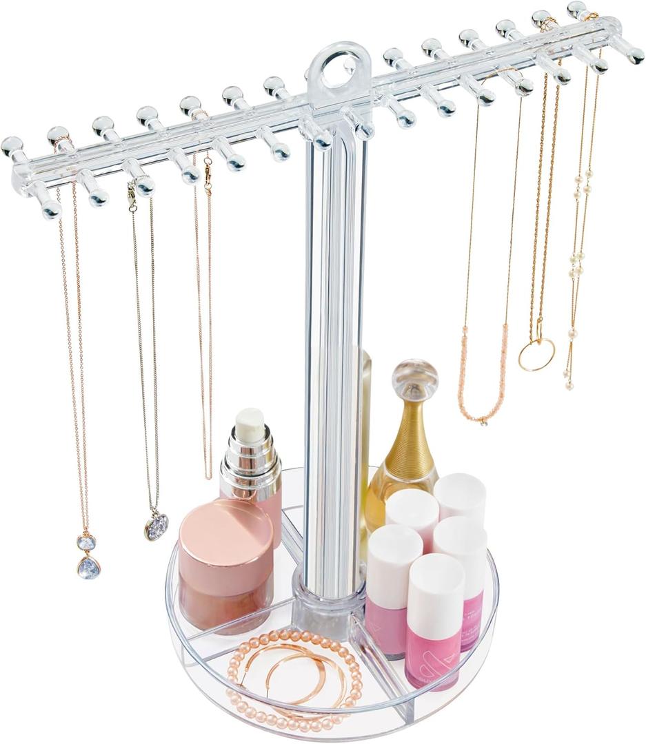 STORi 30 Peg Necklace Holder with Organizer Tray, Premium Quality Jewelry Stand, Store Perfume Bottles & Makeup in the Divided Vanity Tray, Made in USA (Clear)