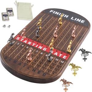 Large 21 Inches Horse Race Board Game Thickened Wood Finish Line Horse Racing Game for Friend's Party Included 11 Metal Horses,2 Dices and 2 Decks of CardsOval,Vintage Flame
